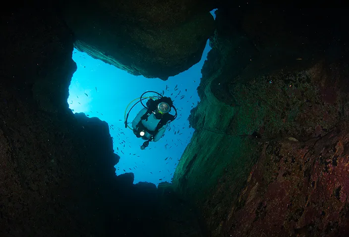 Underwater cave diving in Madeira