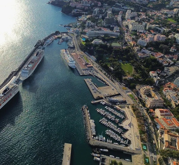 Aerial view of cruise ships docked at Funchal's port with the marina and city behind