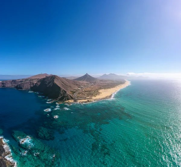 Aerial view of Porto Santo's coastline, beach and mountains