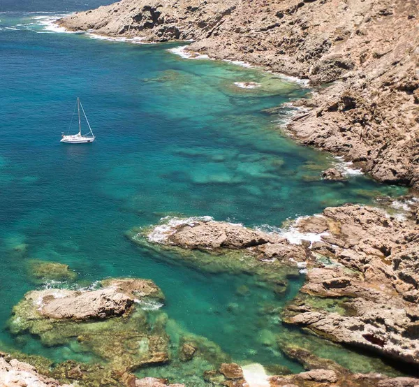 Aerial view of a turquoise bay with sailboats at the Selvagens islands