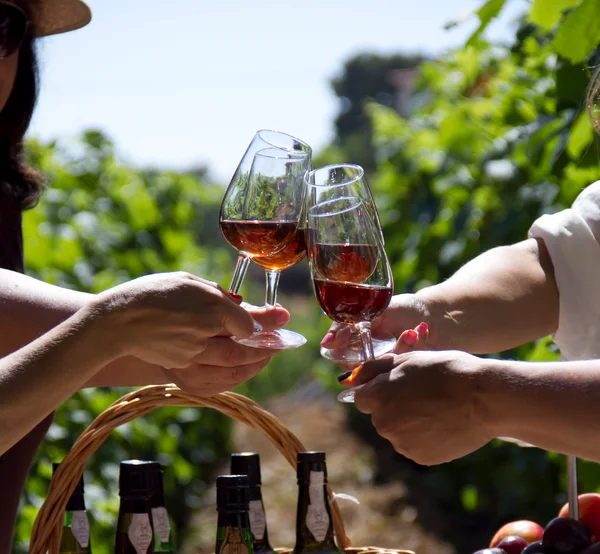 Glasses of Madeira wine being toasted in a vineyard with a picnic spread